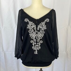 White House Black Market Chic Black Blouse with White Embroidery - Size Small